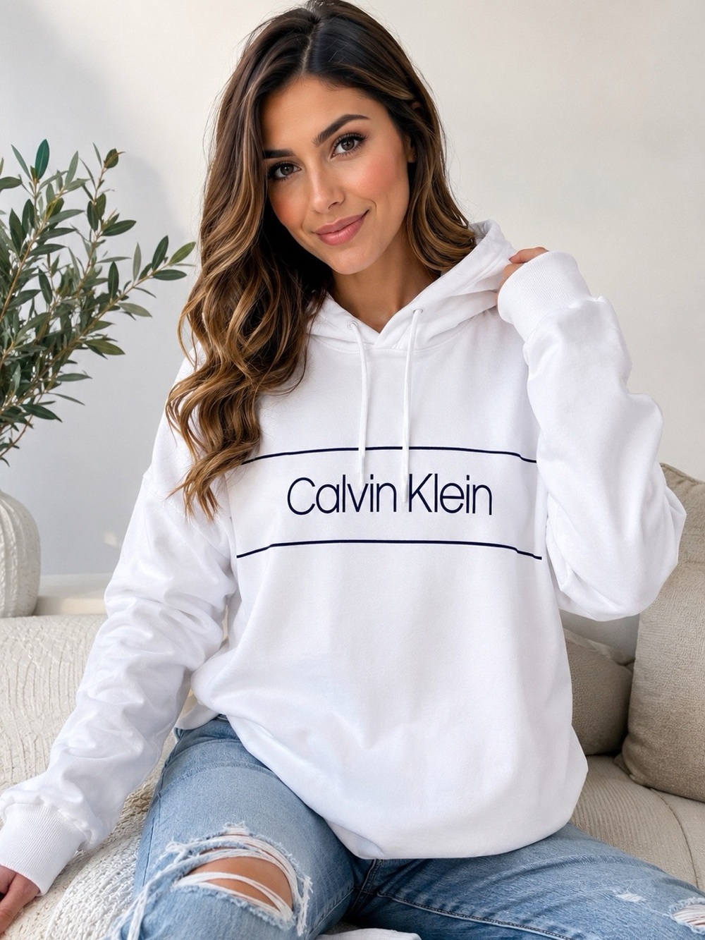 NWT Calvin Klein White Logo Hoodie | Women’s Large | Soft Pullover Sweatshirt